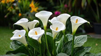 A cluster of white, bell-shaped flowers blooms atop a tall green stalk, surrounded by long, narrow sword-like leaves.