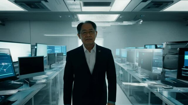 A 45-year-old asian male engineer walks confidently through a high-tech lab, face illuminated by screen glow, dolly zoom out. concept of technology future and innovation
