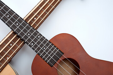 Four-string bass ukulele with wooden body and built-in tuner and pickup.