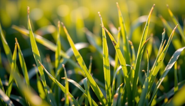 an up close view of wheat crops with long stems in sharp focus against a blurred background that sug