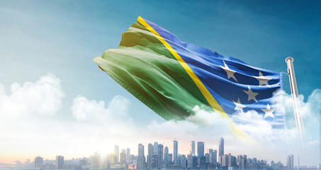 Solomon Islands national flag waving with skyline and buildings. Solomon Islands national flag for...