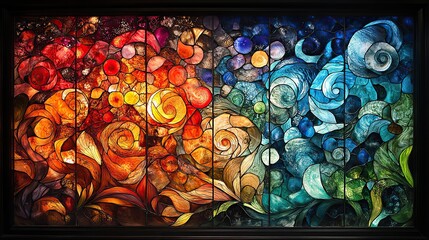 An intricate stained glass window depicting a scene of fantastical creatures and swirling abstract designs in rich colors