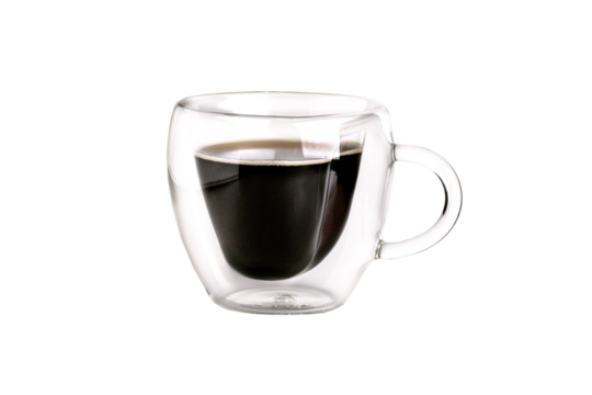 Glass cup with black americano coffee. Side view Isolated on white or transparent background close up