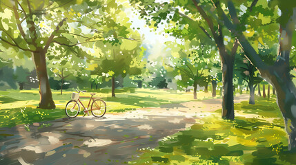 Obraz premium A bicycle parked in a sunlit park with green trees and a winding path on a bright summer day scene