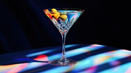 Close-up of a martini glass filled with a clear cocktail, featuring two green olives with red pits at the bottom.