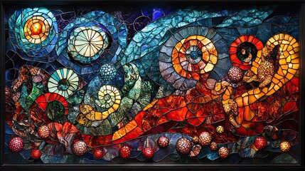 Obraz premium An intricate stained glass window depicting a scene of fantastical creatures and swirling abstract designs in rich colors