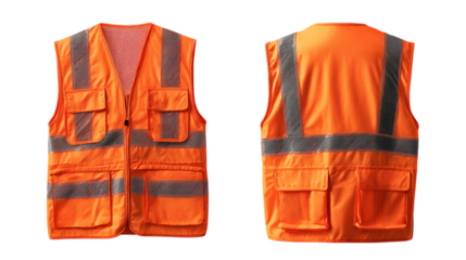 High visibility safety vest orange reflective workwear construction apparel protective gear industrial uniform on transparent background job
