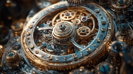 Obraz premium An intricate, mechanical clockwork mechanism with numerous gears, springs, and levers working in perfect harmony