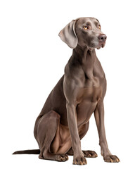 Weimaraner stands alert with a sleek silver-gray coat on a pure white background. Its athletic frame and captivating amber eyes highlight the dog's noble presence and striking features