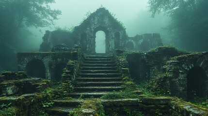 Ancient ruins overgrown with vines and moss, weathered stone structures stand as remnants of a lost civilization, the silence of history hangs heavy in the air, a sense of mystery
