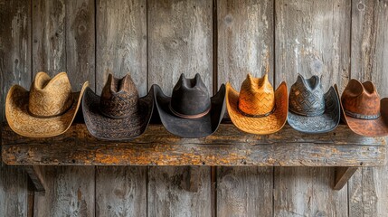 Row of cowboy hats on wooden shelf