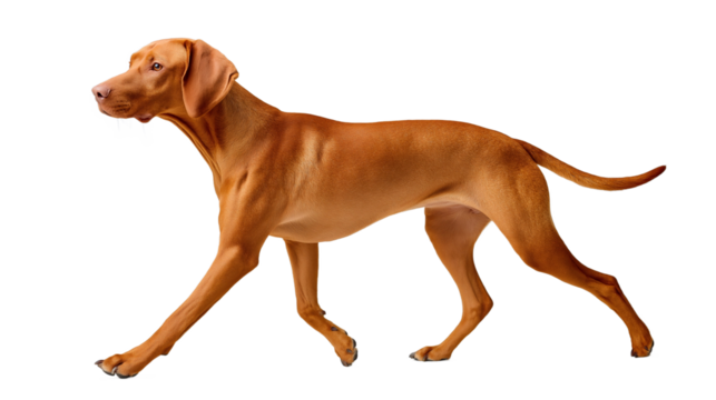 Vizsla stands in perfect point stance, showcasing an elegant silhouette against a pristine white background