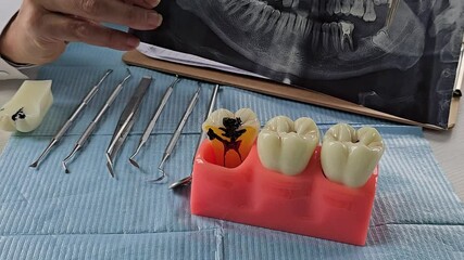 Demonstration of dental filling techniques using a model at a training facility in a modern clinic