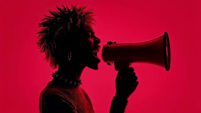 A silhouette of a woman with a megaphone screamin gon red toned background.