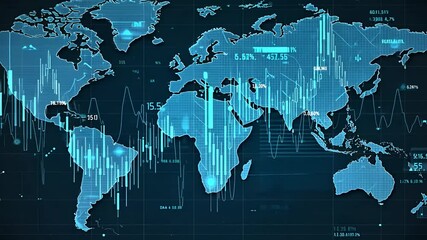 Global financial data visualization featuring a stylized world map and stock market indicators. - Powered by Adobe