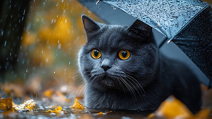 British Shorthair sitting under an umbrella in shallow rainwater with a calm expression 