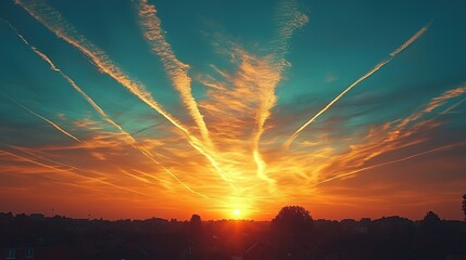Azure skies are filled with the contrails of passing airplanes