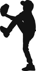 Silhouette of a baseball pitcher in mid-throw, balancing on one leg while preparing to release the ball