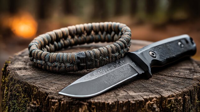 A rugged paracord bracelet paired with a survival knife on a wooden stump, evoking a rustic wilderness vibe. Perfect for outdoor enthusiasts, survivalists, and adventure photography.