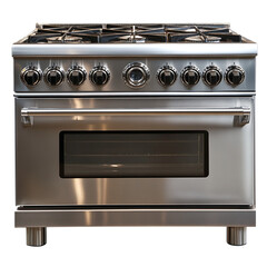 ?A stainless steel commercial oven with heavy-duty burners and thick knobs, used in professional kitchens, photorealistic, no background.
