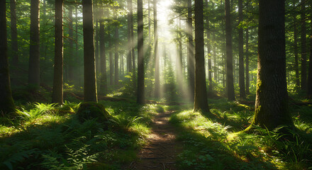 Obraz premium Sunlit Forest Path with Beams of Light Piercing Through the Trees