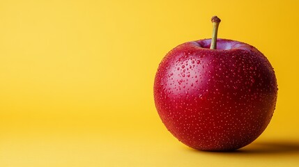Fresh, Ripe, Red Apple With Water Droplets on a Vibrant Yellow Background Food, Health, Vitamins