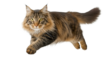 Captivating moment of a Siberian cat leaping with front paws extended, showcasing its powerful form and magnificent coat against a pristine white background