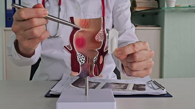Proctologist doctor administers rectal suppository and artificial model of human rectum