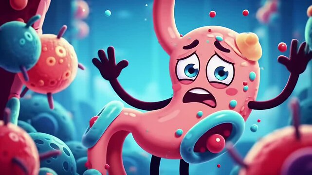 Animated Cartoon Stomach with Blue Eyes Expressing Discomfort Among Virus in Blue Tone