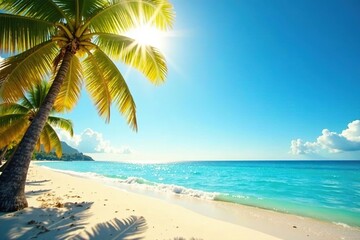 Obraz premium Bright summer sun shining on a vibrant beach scene, perfect for vacation or travel promotion , holiday, escape
