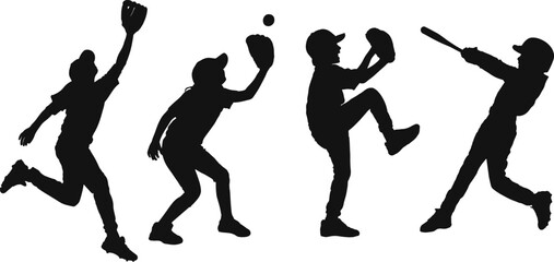 Silhouettes of four children playing baseball, depicting actions like catching, running, pitching, and batting.