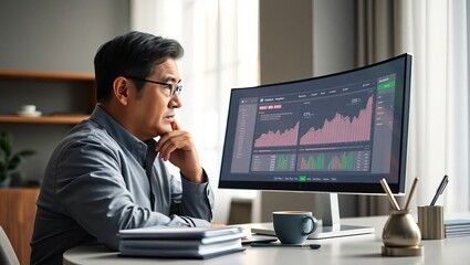 Thoughtful Asian man analyzing financial data on a desktop monitor in a modern office setting.