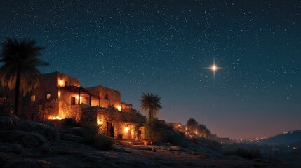Silent Night in Bethlehem: A celestial vista unfolds with the tranquil beauty of Bethlehem under a starlit sky, where warm lights glow warmly, adding charm to the scene.