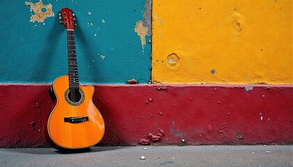 Flamenco guitar resting against a vibrant wall, art, vibrant, close-up