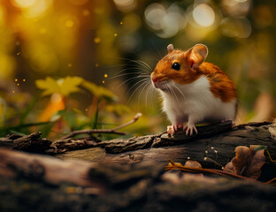 Cute brown hamster standing on forest log with natural green background and adorable animal pose