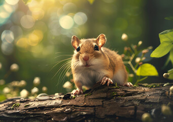 Cute hamster standing on a forest log with nature scenery in white themed background