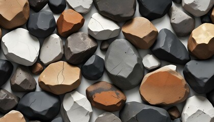 An overhead view of a collection of various shaped stones in neutral tones, arranged tightly.
