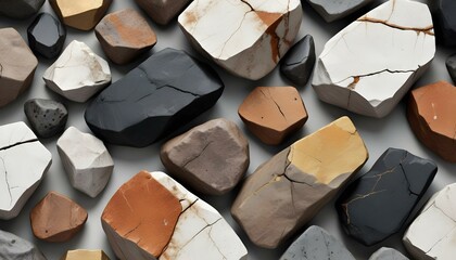 Arrangement of multi-colored stones showcasing diverse shapes and textures on a surface.