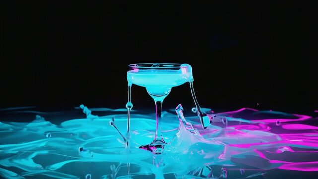  Neon-colored drink splashing on a glass surface, glowing lines and vapor effects, black background, vaporwave styleCamera Movement fast zoom-in, then dramatic pause 