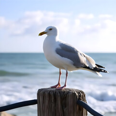 Gaviota blanca brillante posada en un poste desgastado.