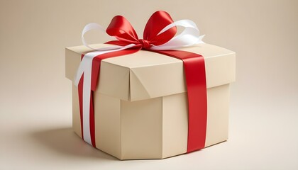 A beige gift box adorned with red and white ribbons and a decorative bow, ready for gifting.