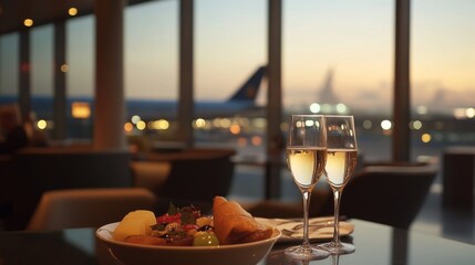 Fototapeta premium Airport Lounge Dinner with Champagne and Sunset View