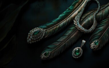 Fototapeta premium Emerald and diamond jewelry on dark feathers