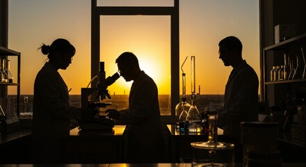 Three silhouetted scientists, two men and one woman, diligently conduct research in a modern laboratory as the sun sets dramatically behind them through a large window.