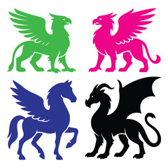 Heraldic animal symbol set with lions eagles dragons and other silhouettes