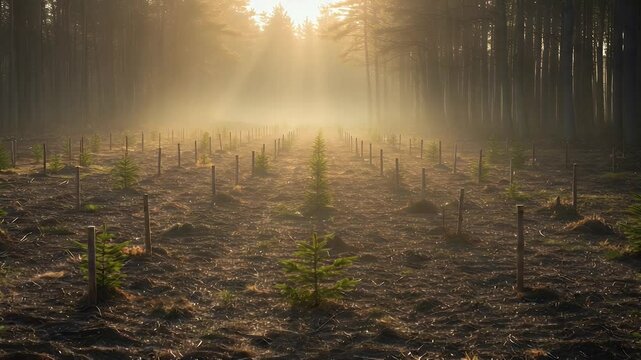 Serene morning light filters through a dense forest, illuminating newly planted saplings in a tranquil clearing