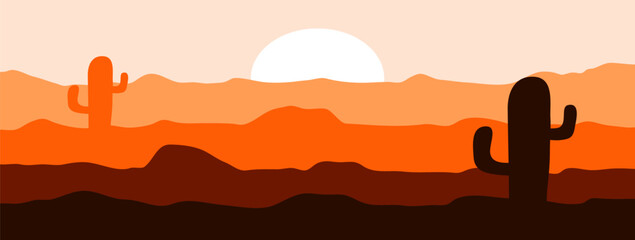 Sunset desert with cactus landscape terrain. Cartoon flat design background vector illustration. Design for banner or social media template.