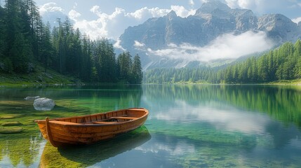Obraz premium Serene mountain lake with wooden boat