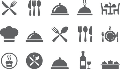 Restaurant menu icons vector set kitchen utensils and food service design elements elegant and modern style on transparent background