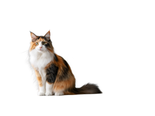 A Japanese bobtail cat with a stunning tri-color calico coat sits gracefully on a bonsai display stand, beautifully engaged with its vibrant surroundings and aware of its environment